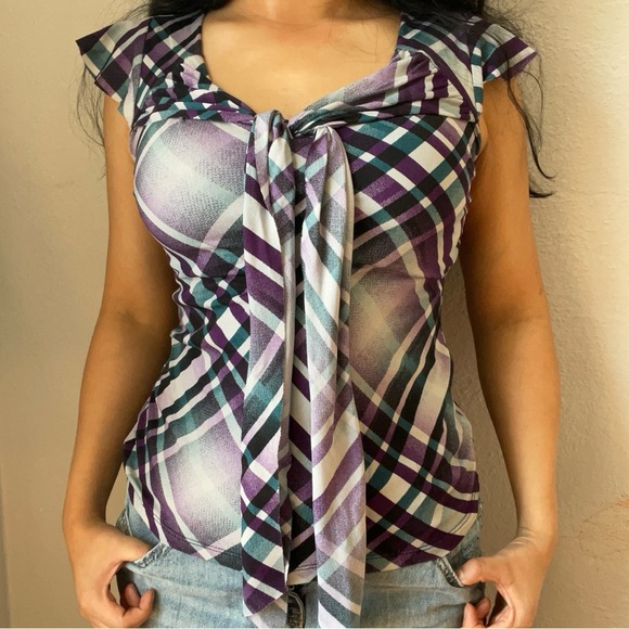 Worthington White and Black V-Neck Cap Sleeve Blouse with Tie Front - Picture 1 of 3